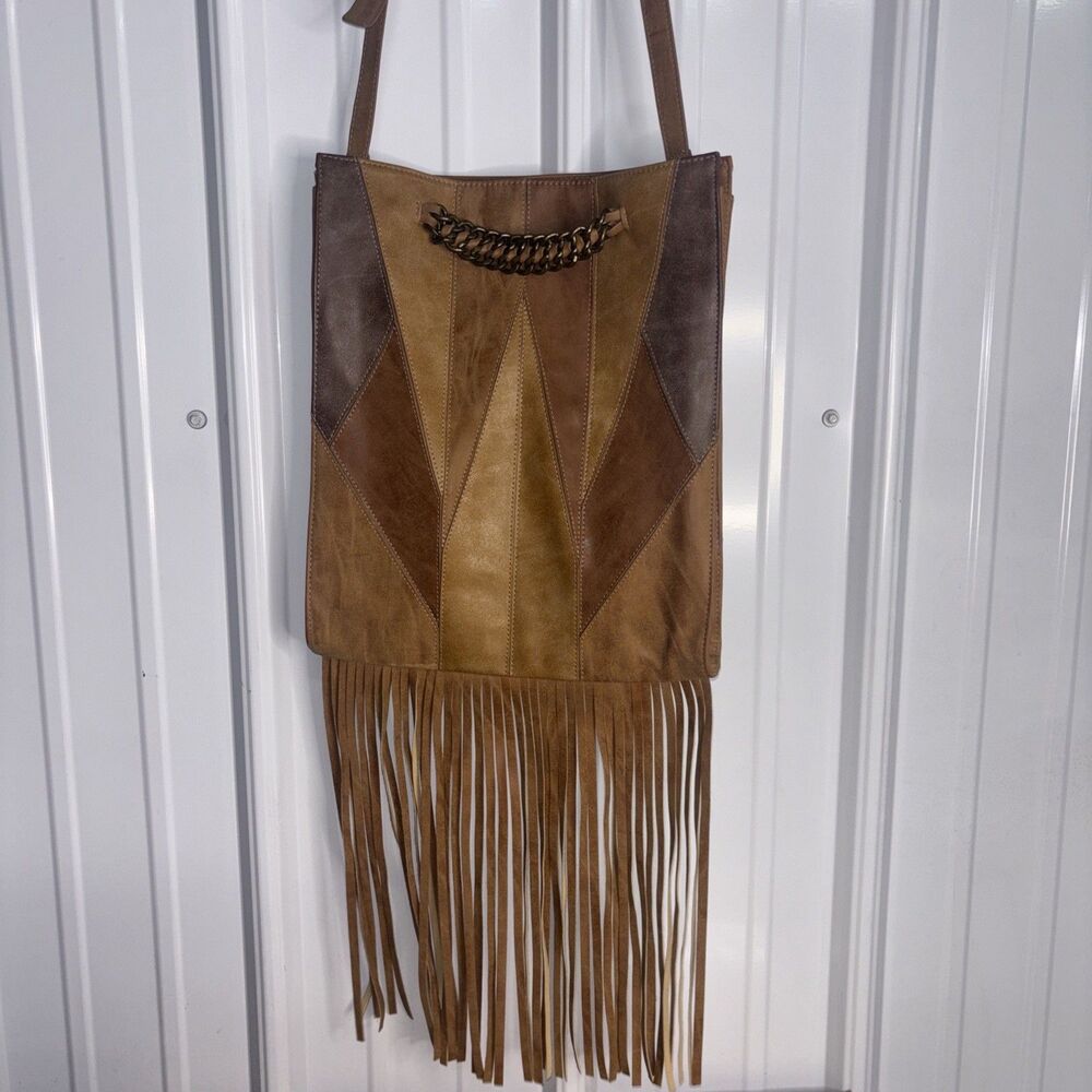 Circus by Sam Edelman Brown Patchwork Vegan Leather Fringe Bag Boho, Festival